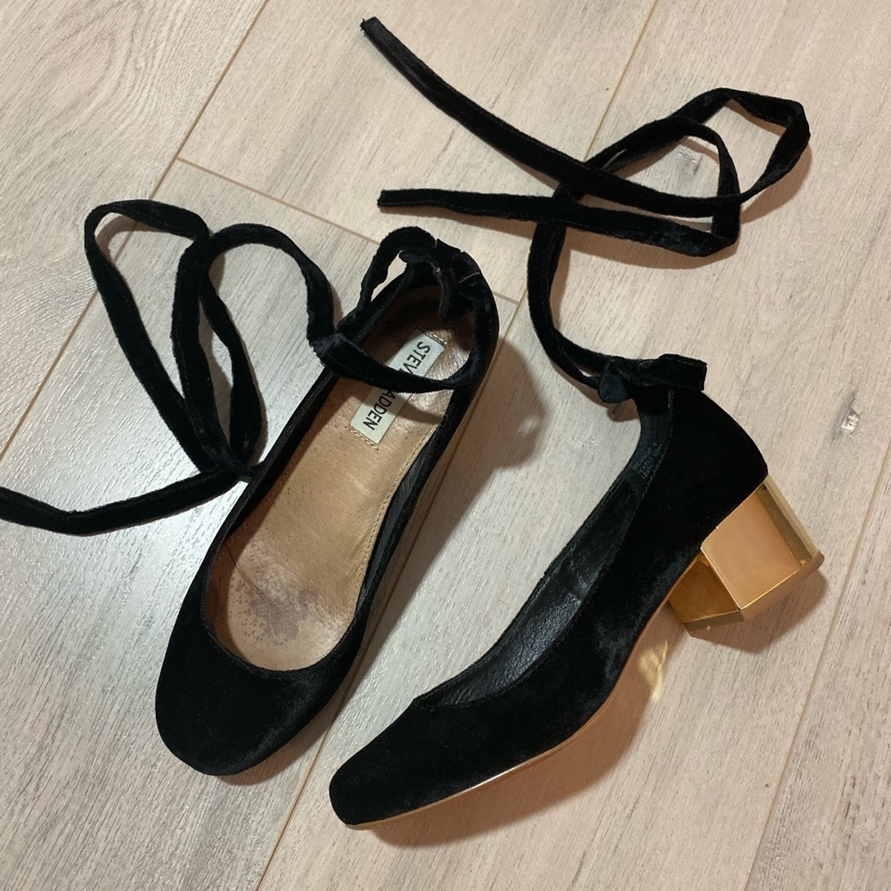 Steve Madden Black Velvet Heels with Gold Accent